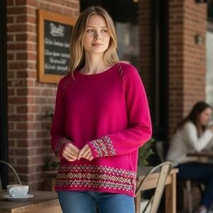 The Tog Shop Red Fair Isle Embroidered Raglan Crew Neck Sweater Womens